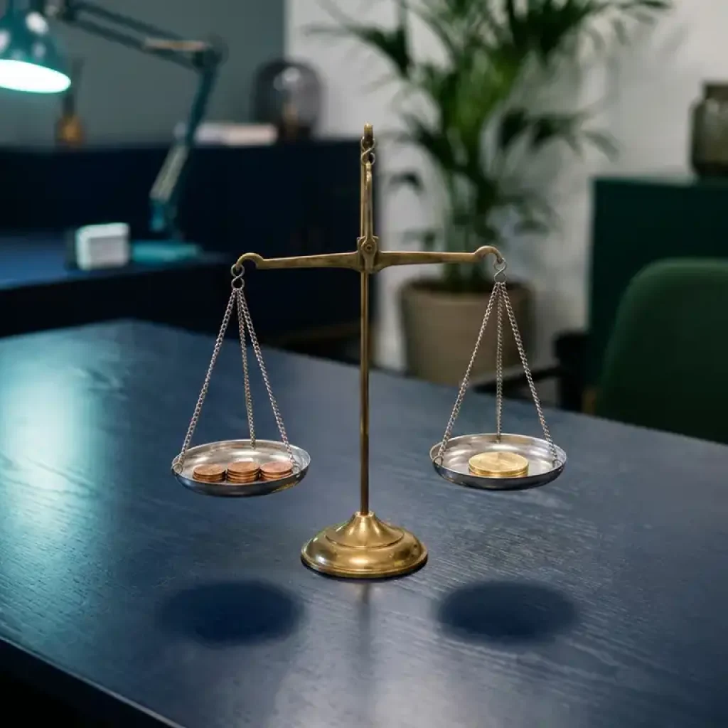 Balanced scale with copper coins on one pan and a single polished token on the other, illustrating cost-per-unit vs. flat-rate pricing.