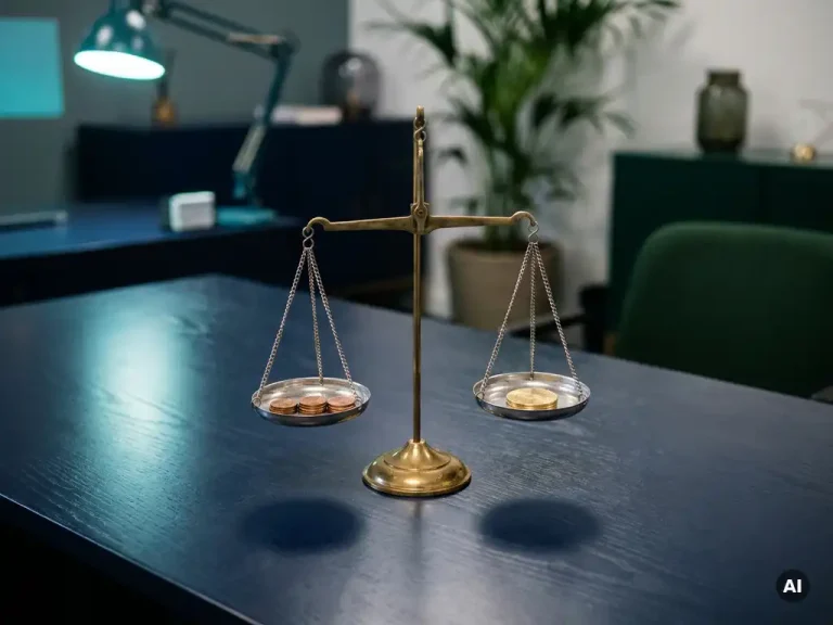 Eine Waage, auf deren einer Waagschale Kupfermünzen und auf der anderen eine einzelne polierte Münze liegen, zur Veranschaulichung des Unterschieds zwischen Stückpreisen und Pauschalpreisen.
