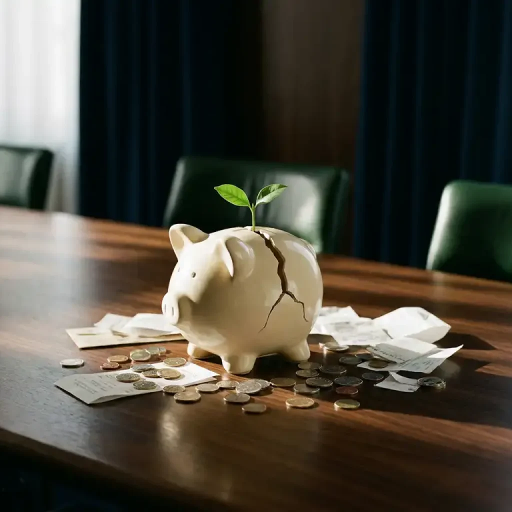 Une tirelire fêlée posée sur la table d'une salle de réunion, avec des pièces éparpillées tout autour et une jeune pousse verte qui jaillit de la fissure, symbolisant le redressement financier.