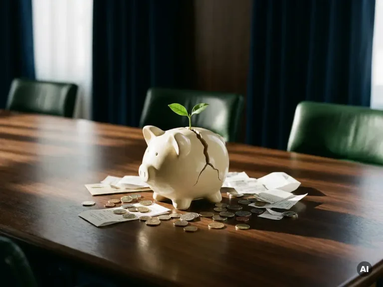 Une tirelire fêlée posée sur la table d'une salle de réunion, avec des pièces éparpillées tout autour et une jeune pousse verte qui jaillit de la fissure, symbolisant le redressement financier.