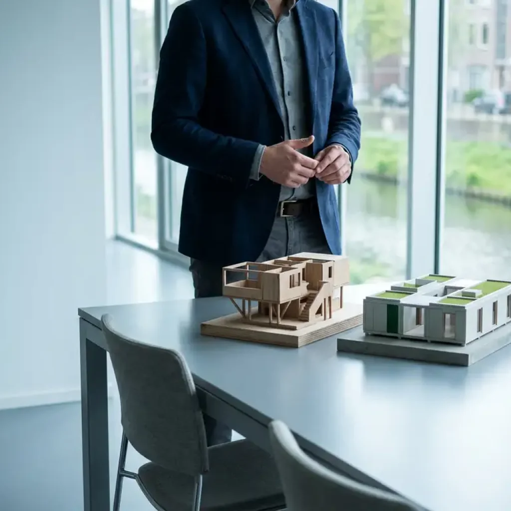 Ein Geschäftsmann vergleicht maßgefertigte und vorgefertigte Architekturmodelle auf einem Konferenztisch in einem modernen Büro in Utrecht.