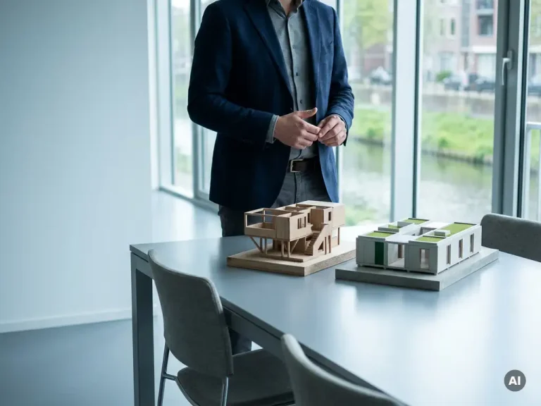 Ein Geschäftsmann vergleicht maßgefertigte und vorgefertigte Architekturmodelle auf einem Konferenztisch in einem modernen Büro in Utrecht.