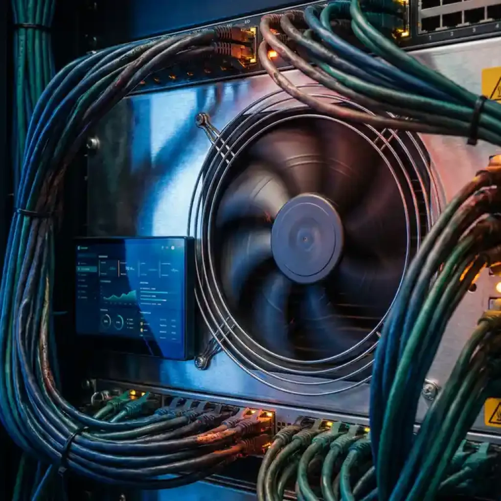 Ein Lüfter zur Kühlung eines Server-Racks dreht sich mit voller Drehzahl inmitten eines Gewirrs aus Ethernet-Kabeln, während sich ein marineblau beleuchteter Monitor im polierten Metall eines Rechenzentrums spiegelt.