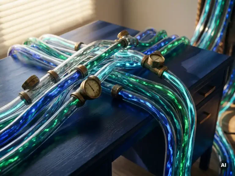 Translucent pipes carrying glowing emerald data streams branch across a dark navy desk, each fitted with a small brass meter dial.