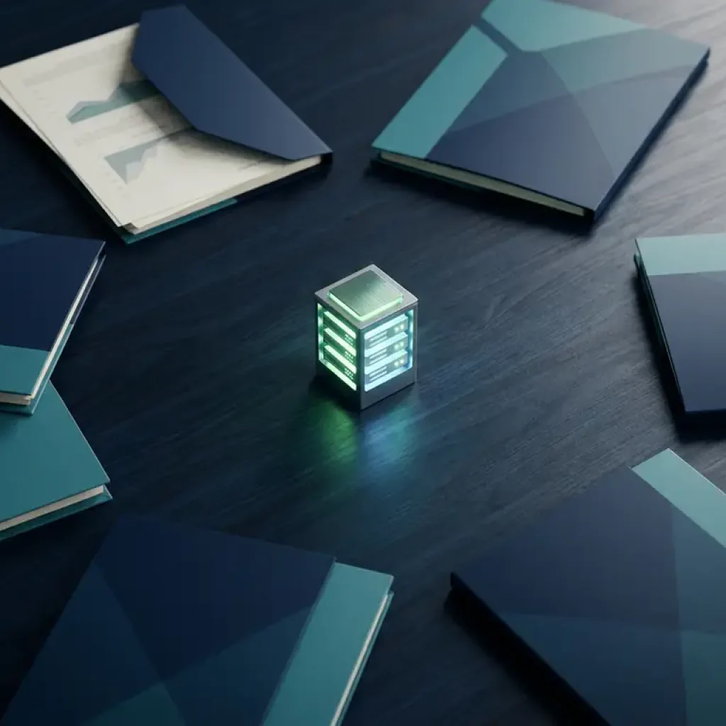 Des dossiers budgétaires des différents services sont disposés en cercle autour d'un nœud de serveur lumineux posé sur une table de réunion bleu marine ; l'un d'entre eux est ouvert, laissant apparaître des documents financiers.
