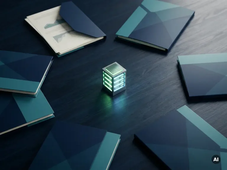 Des dossiers budgétaires des différents services sont disposés en cercle autour d'un nœud de serveur lumineux posé sur une table de réunion bleu marine ; l'un d'entre eux est ouvert, laissant apparaître des documents financiers.