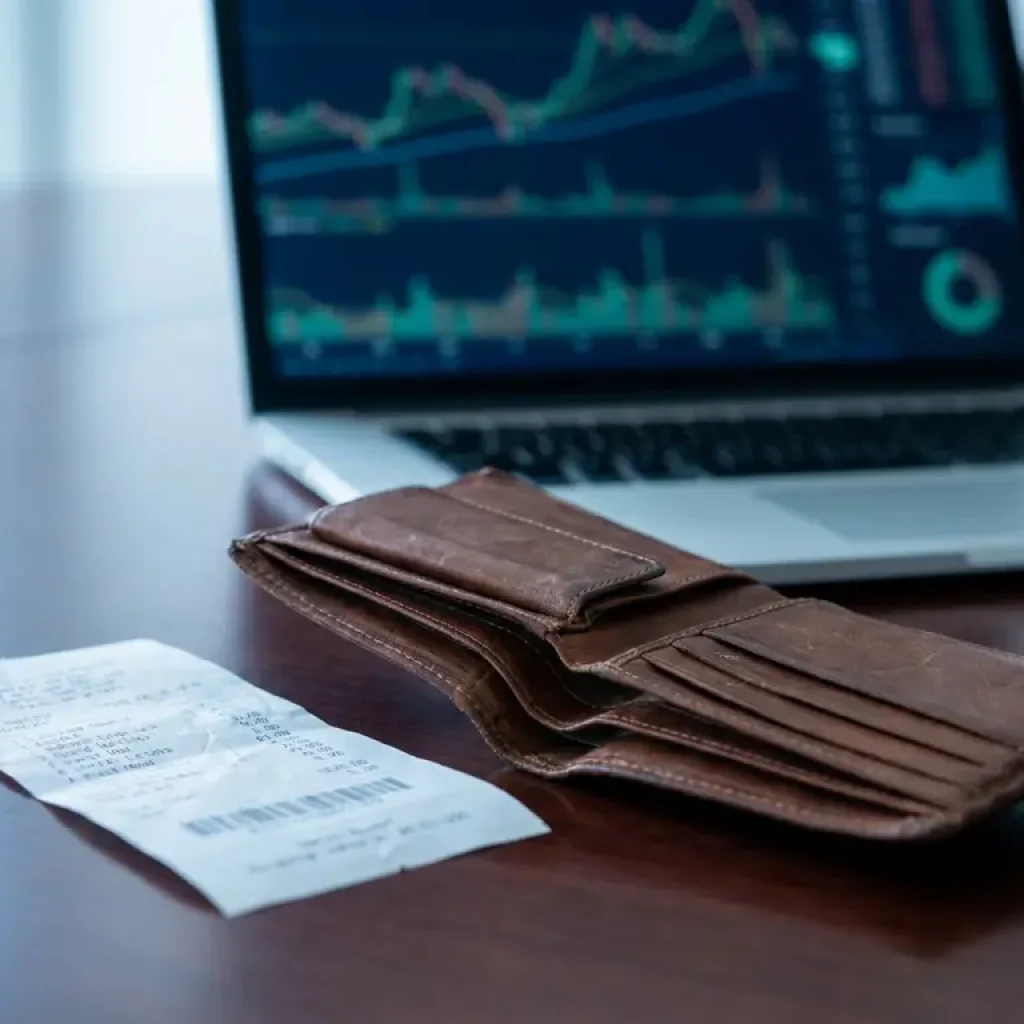 Weathered leather wallet open and nearly empty on a dark navy boardroom table, crumpled receipt beside it, financial dashboard visible on laptop behind.