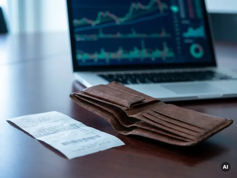 Een verweerde leren portemonnee ligt open en bijna leeg op een donkerblauwe vergadertafel, met daarnaast een verfrommeld kassabonnetje; op de laptop erachter is een financieel overzicht te zien.