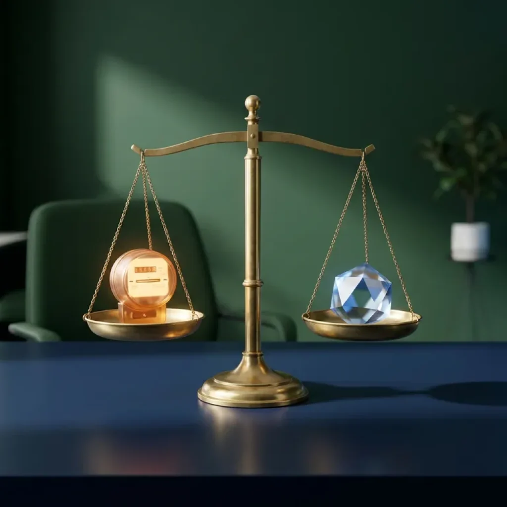 Eine Waage aus Messing, auf der ein leuchtender, bernsteinfarbener Energiezähler neben einem reflektierenden Datenkristall auf einem marineblauen Schreibtisch gewogen wird.