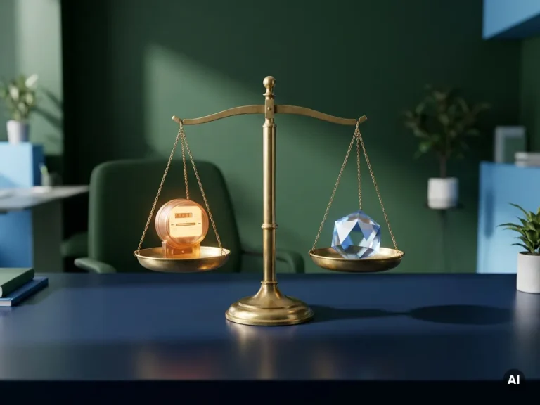 Een weegschaal van messing waarop een gloeiende, amberkleurige energiemeter wordt gewogen tegen een reflecterend datakristal op een marineblauw bureau.
