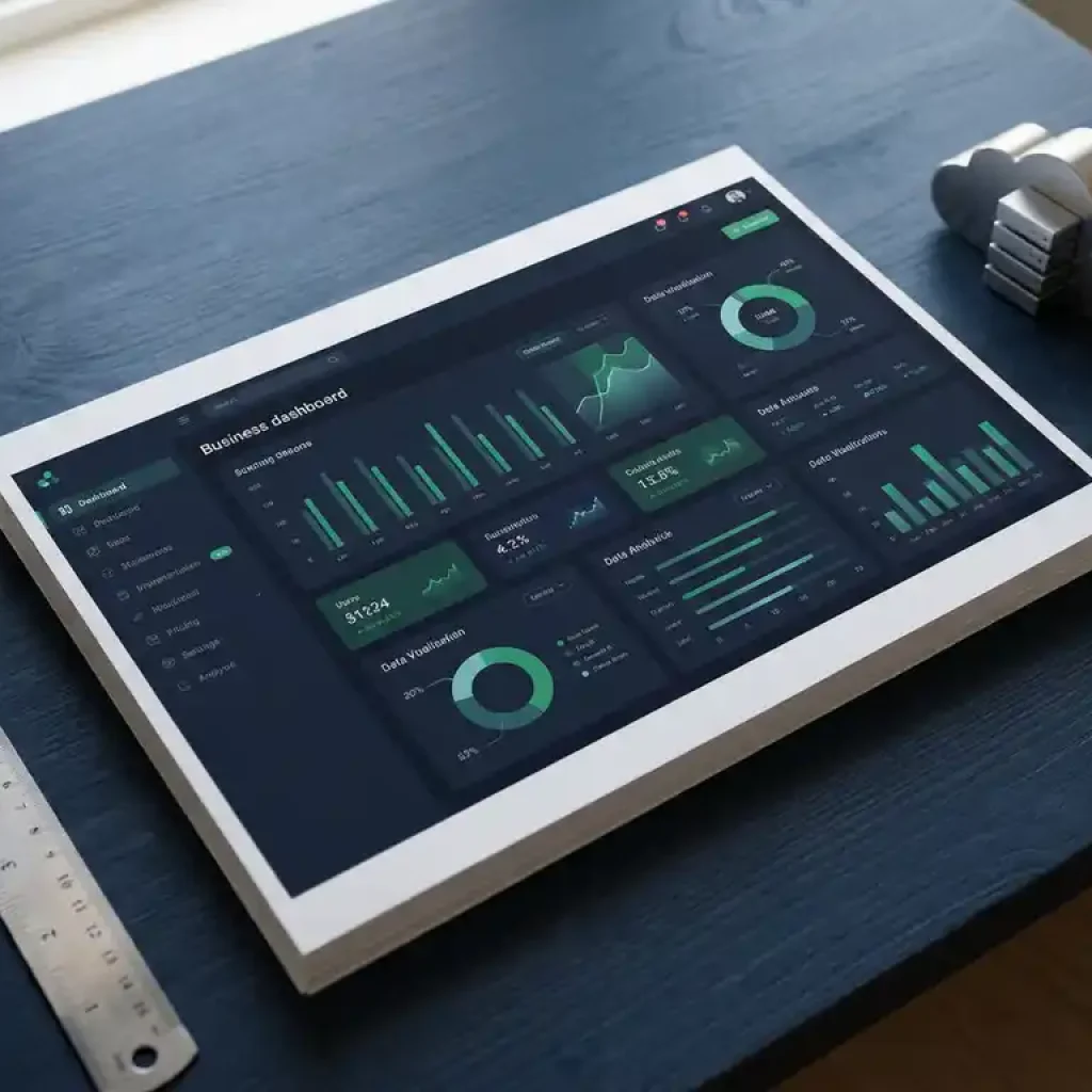 Ausdruck eines Unternehmens-Dashboards auf einem marineblauen Schreibtisch neben einem Stahllineal, einem Kalibriermessgerät und einem Cloud-Server-Modell in Marineblau- und Smaragdgrüntönen.