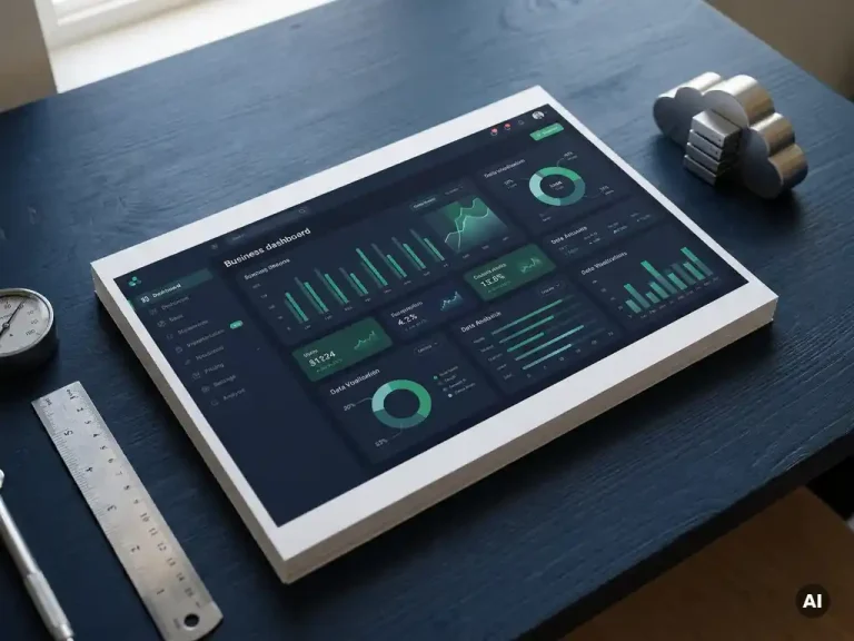 Enterprise dashboard printout on a navy desk beside a steel ruler, calibrated gauge, and cloud server model in navy and emerald tones.
