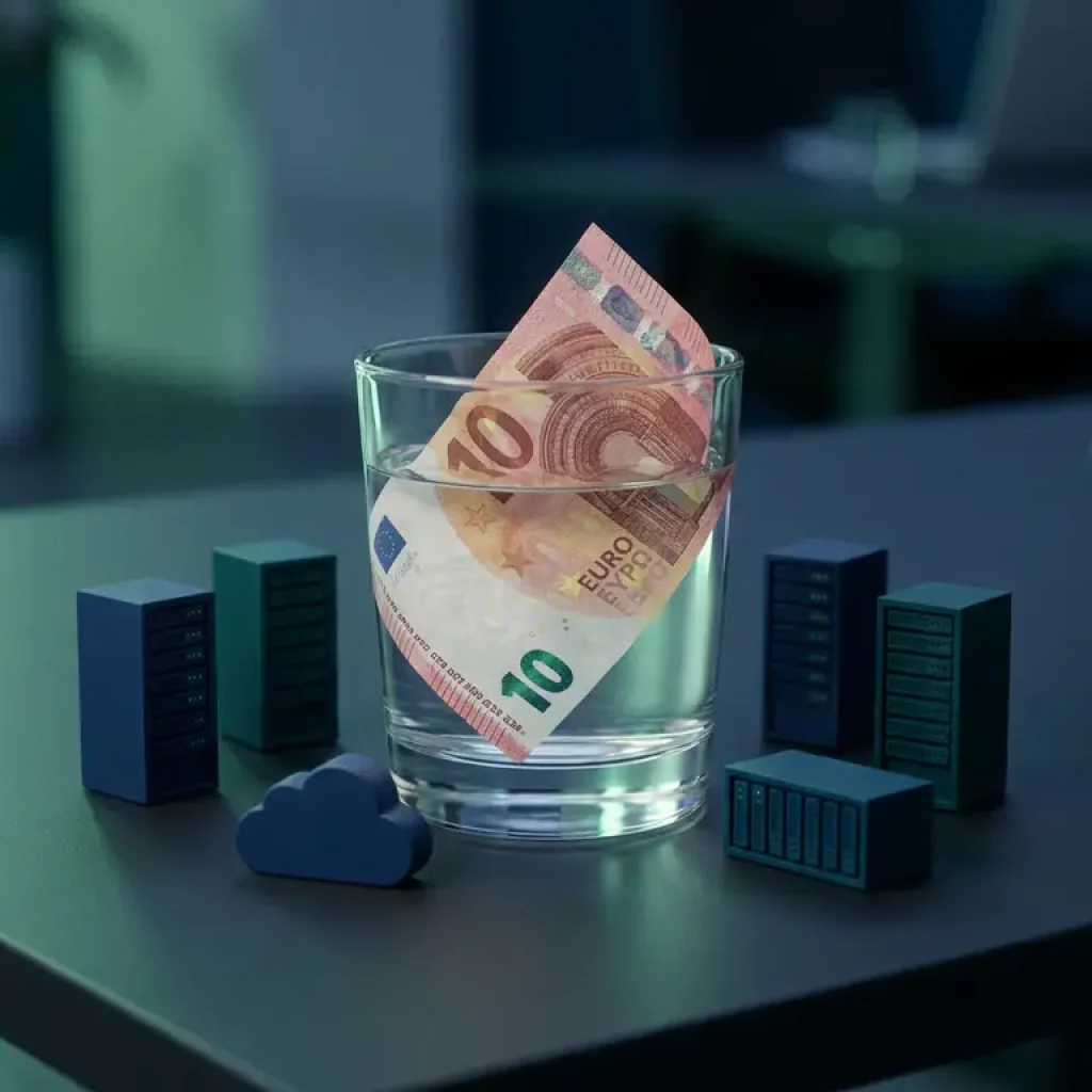 Eine zerknüllte Euro-Banknote, die in einem Glas Wasser neben Miniatur-Server-Racks versenkt ist und die Kosten für Cloud-Infrastruktur symbolisiert.