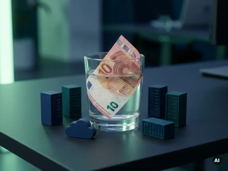 Crumpled euro banknote submerged in a glass of water beside miniature server racks, symbolizing cloud infrastructure costs.