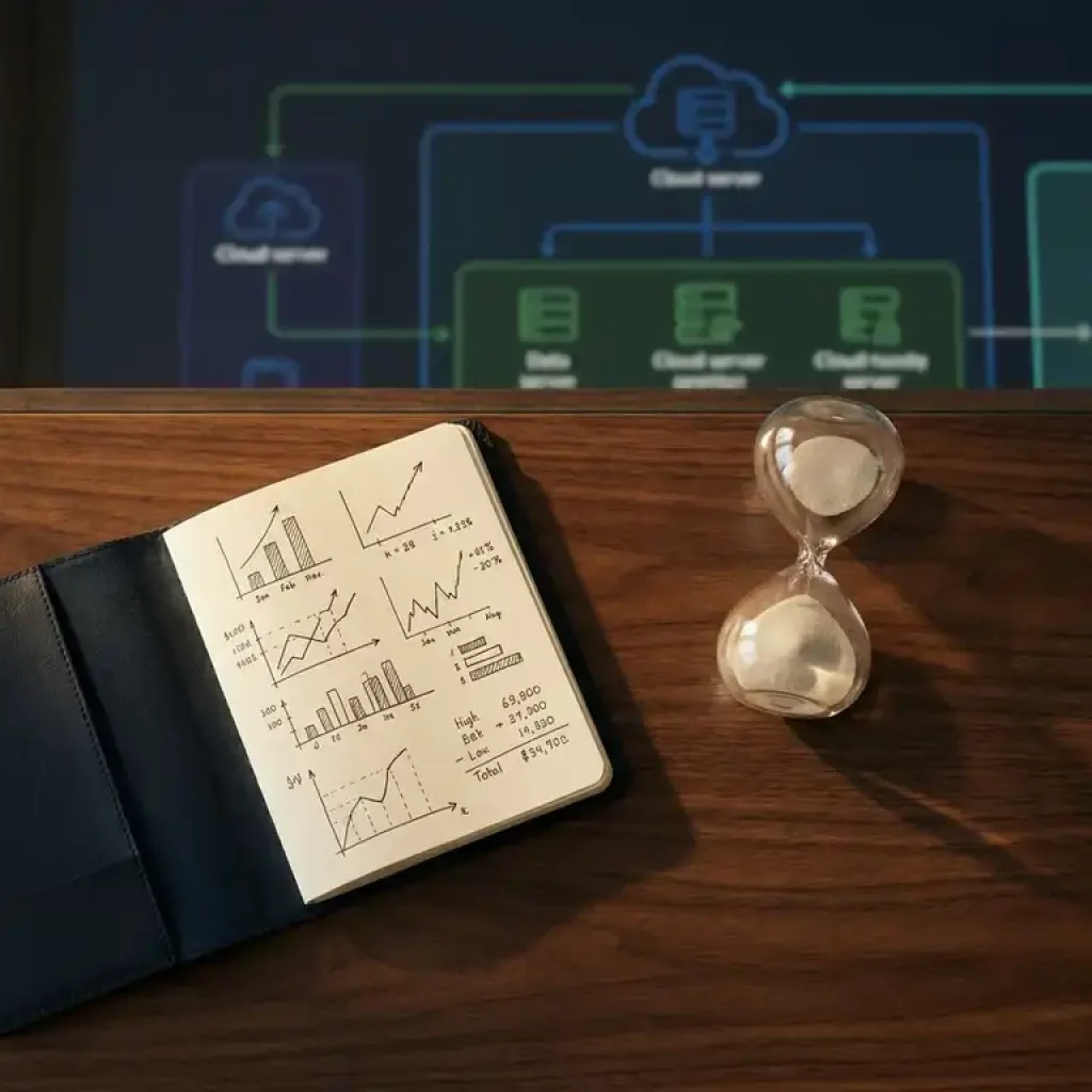 Open financial analysis notebook and glass hourglass on executive desk over blurred cloud infrastructure diagram, navy and forest green tones.
