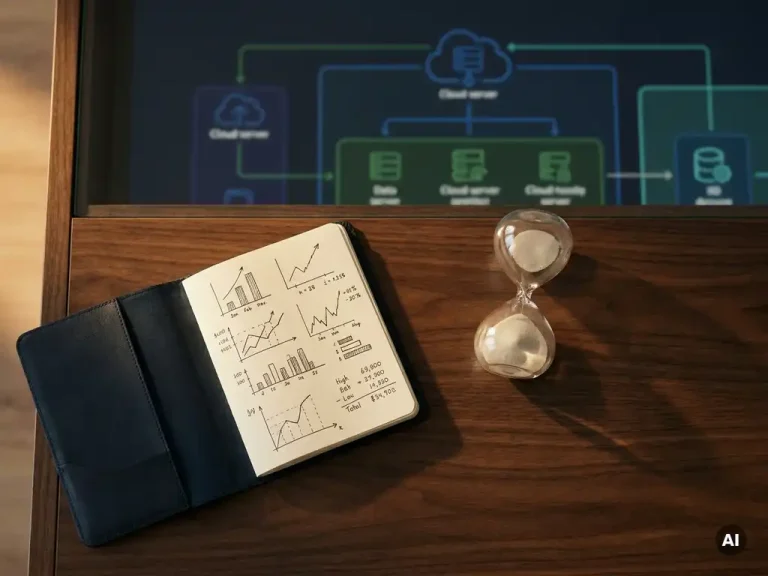 Open financial analysis notebook and glass hourglass on executive desk over blurred cloud infrastructure diagram, navy and forest green tones.