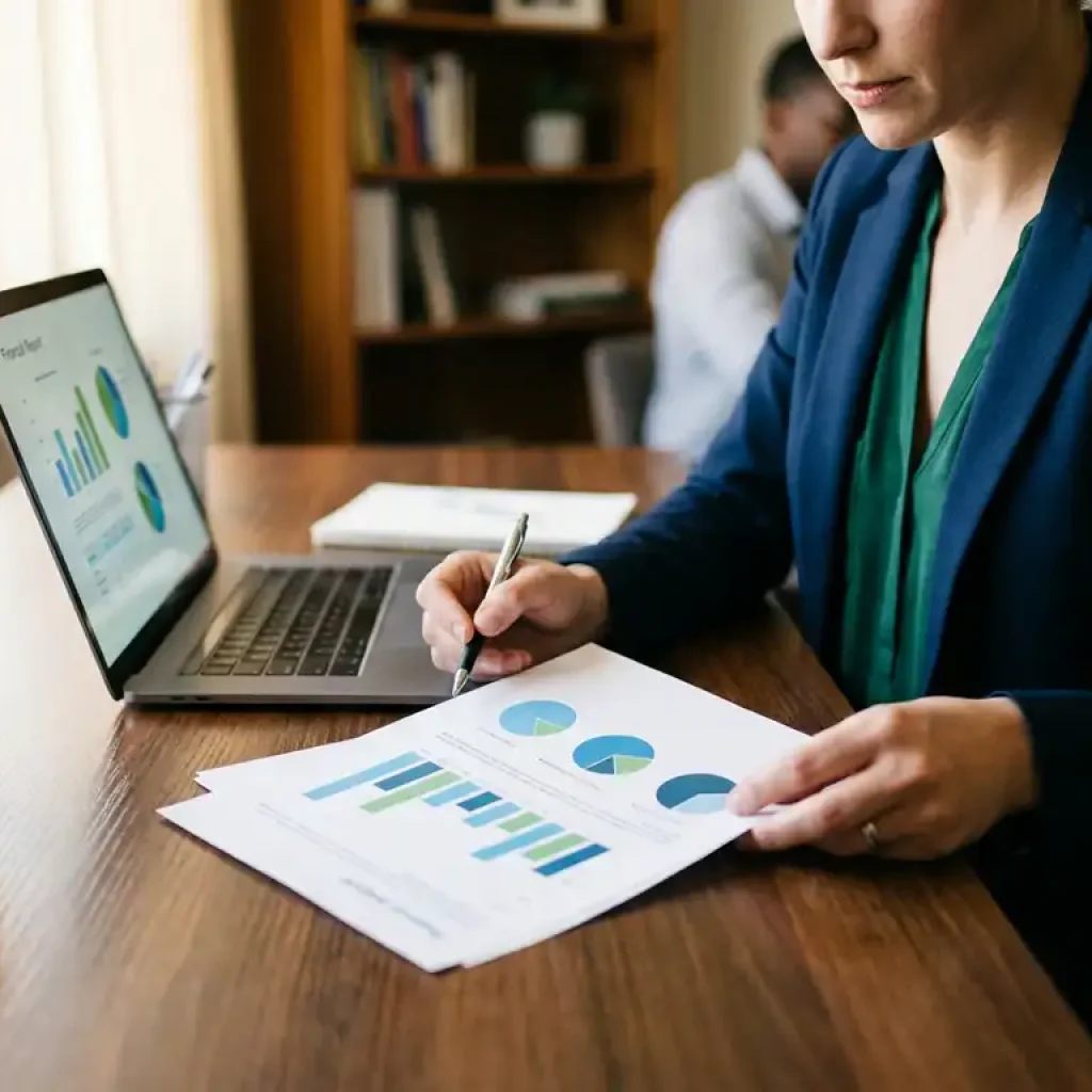 Ein Finanzanalyst, der an einem Schreibtisch aus dunklem Eichenholz neben einem geöffneten Laptop einen ausgedruckten Dashboard-Bericht mit farbenfrohen Datendiagrammen durchsieht.