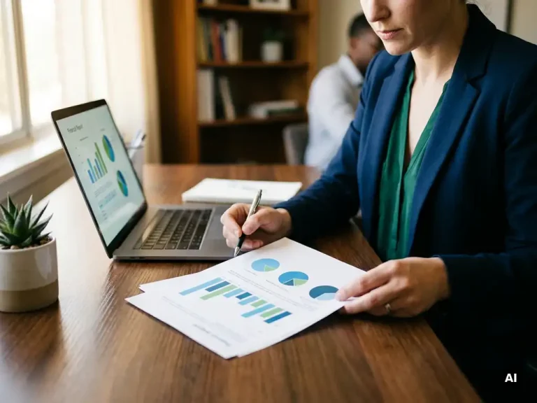 Ein Finanzanalyst, der an einem Schreibtisch aus dunklem Eichenholz neben einem geöffneten Laptop einen ausgedruckten Dashboard-Bericht mit farbenfrohen Datendiagrammen durchsieht.