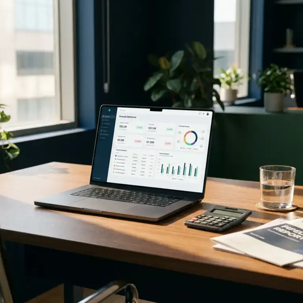 Schreibtisch eines Finanzanalysten mit Laptop, auf dem Daten-Dashboards zu sehen sind, einem ausgedruckten Pipeline-Bericht, einem Taschenrechner und einem Glas Wasser in Marineblau- und Grüntönen.