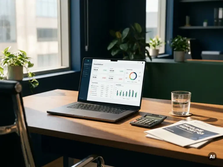 Schreibtisch eines Finanzanalysten mit Laptop, auf dem Daten-Dashboards zu sehen sind, einem ausgedruckten Pipeline-Bericht, einem Taschenrechner und einem Glas Wasser in Marineblau- und Grüntönen.