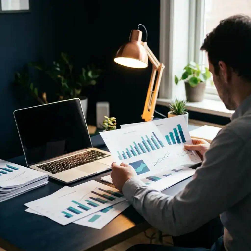 Financial analyst reviewing ROI dashboards and quarterly performance charts on a navy desk beside an open laptop.