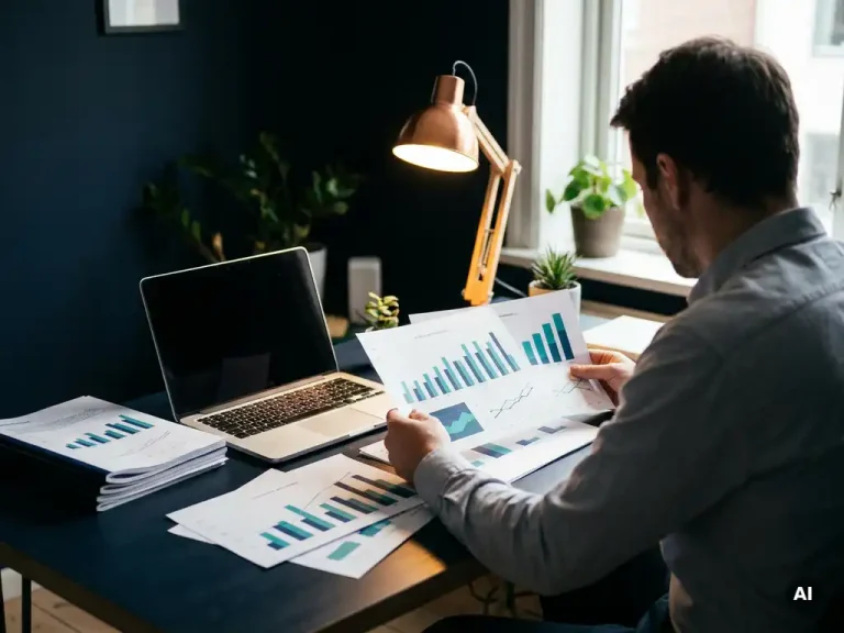 Financial analyst reviewing ROI dashboards and quarterly performance charts on a navy desk beside an open laptop.
