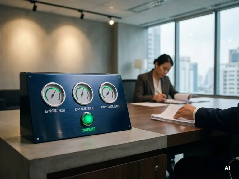 Dark-blue compliance control panel with green approval indicator on a corporate desk, professional reviewing documents in soft background blur.