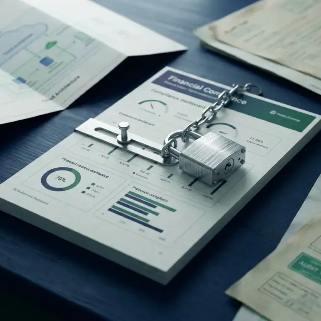 Ein Dashboard zur Einhaltung von Finanzvorschriften, das in einem transparenten Schloss auf einem marineblauen Schreibtisch gesichert ist, daneben liegen Diagramme zur Cloud-Architektur und Dokumente zum Prüfpfad.