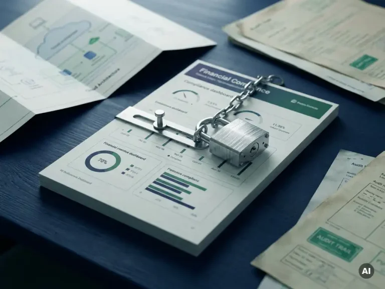 Financial compliance dashboard secured under a transparent lock on a navy desk with cloud architecture diagrams and audit trail documents nearby.