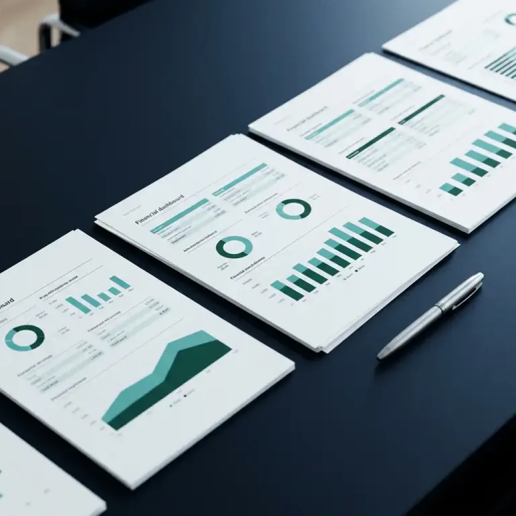 Financial dashboard printouts with bar charts and performance curves arranged on a navy conference table beside a silver pen.