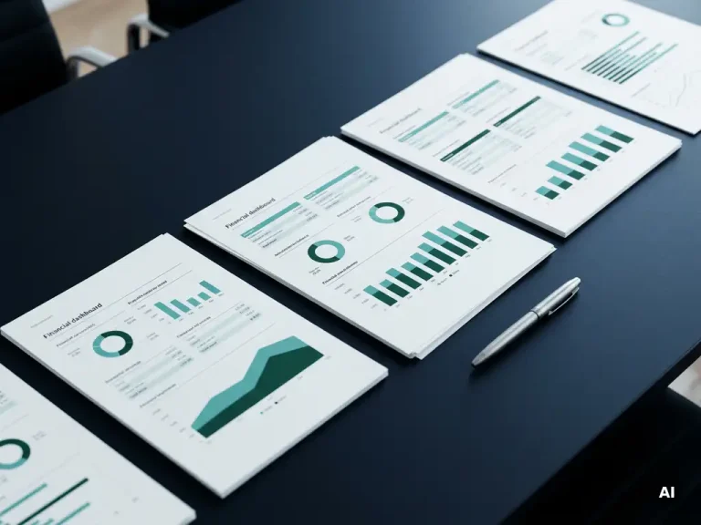 Afdrukken van financiële dashboards met staafdiagrammen en prestatiecurves, neergelegd op een marineblauwe vergadertafel naast een zilveren pen.
