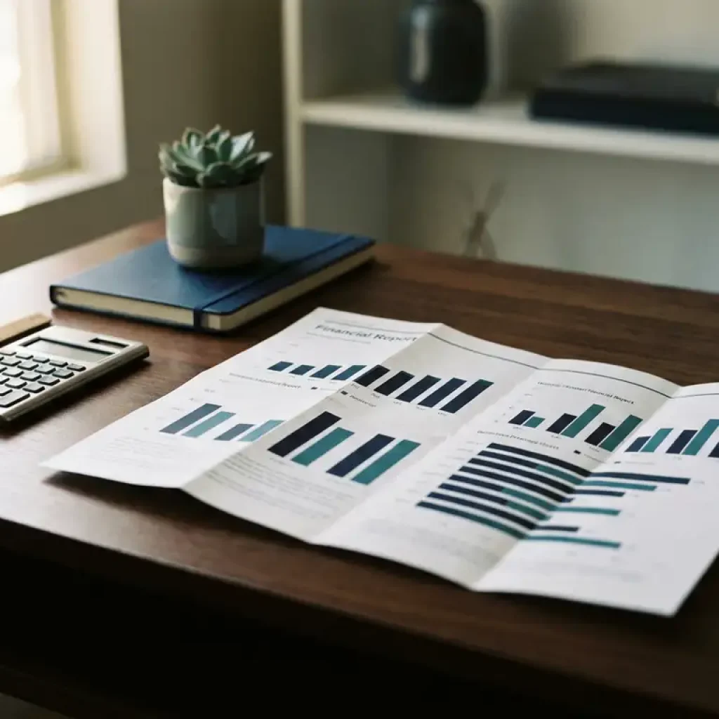 Ausdruck eines Finanz-Dashboards auf einem dunklen Schreibtisch mit Taschenrechner, Lineal und Notizbuch in Marineblau- und Türkistönen, beleuchtet durch natürliches Fensterlicht.