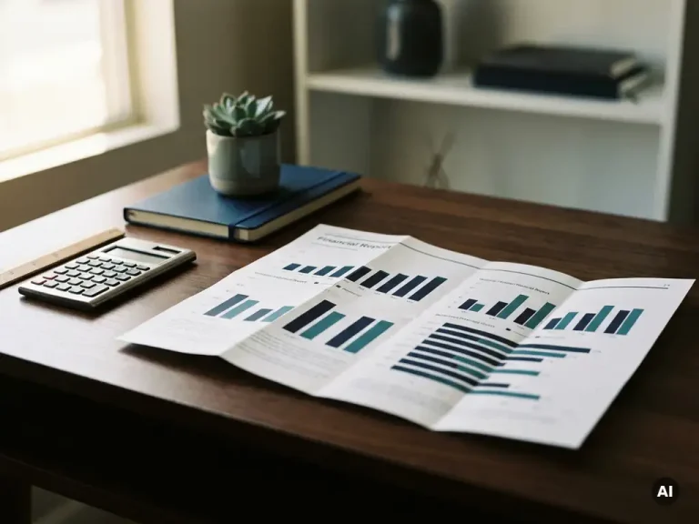 Ausdruck eines Finanz-Dashboards auf einem dunklen Schreibtisch mit Taschenrechner, Lineal und Notizbuch in Marineblau- und Türkistönen, beleuchtet durch natürliches Fensterlicht.