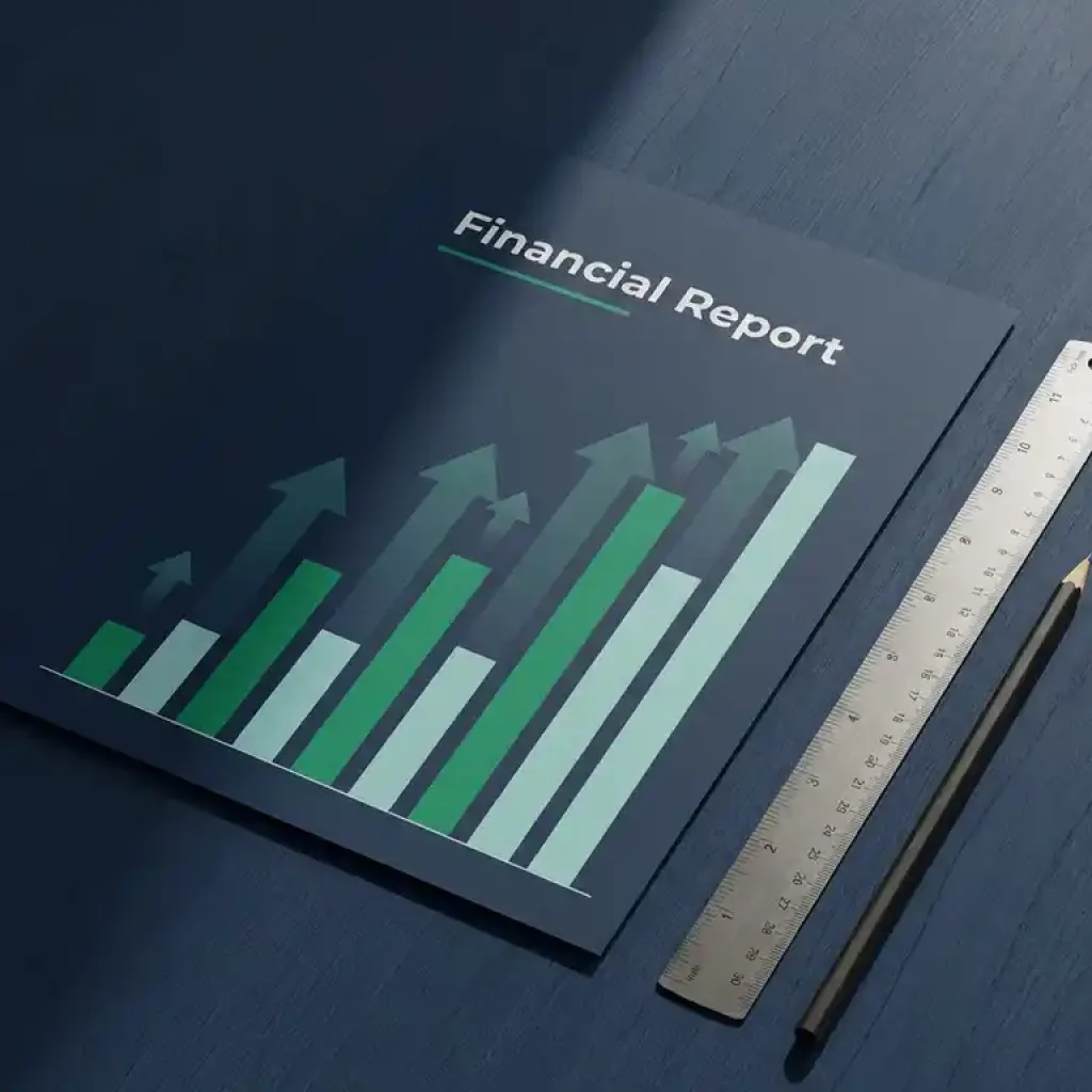 Ausdruck eines Finanz-Dashboards auf einem marineblauen Schreibtisch mit einem Metalllineal und einem Bleistift; grüne Wachstumskurven sind im kühlen Morgenlicht zu erkennen.