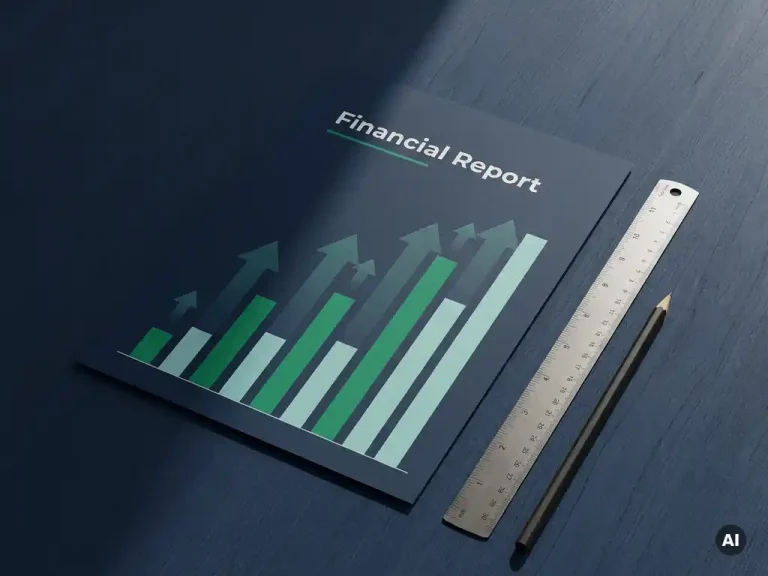 Financial dashboard printout on a navy desk with a metal ruler and pencil, green growth chart indicators visible in cool morning light.