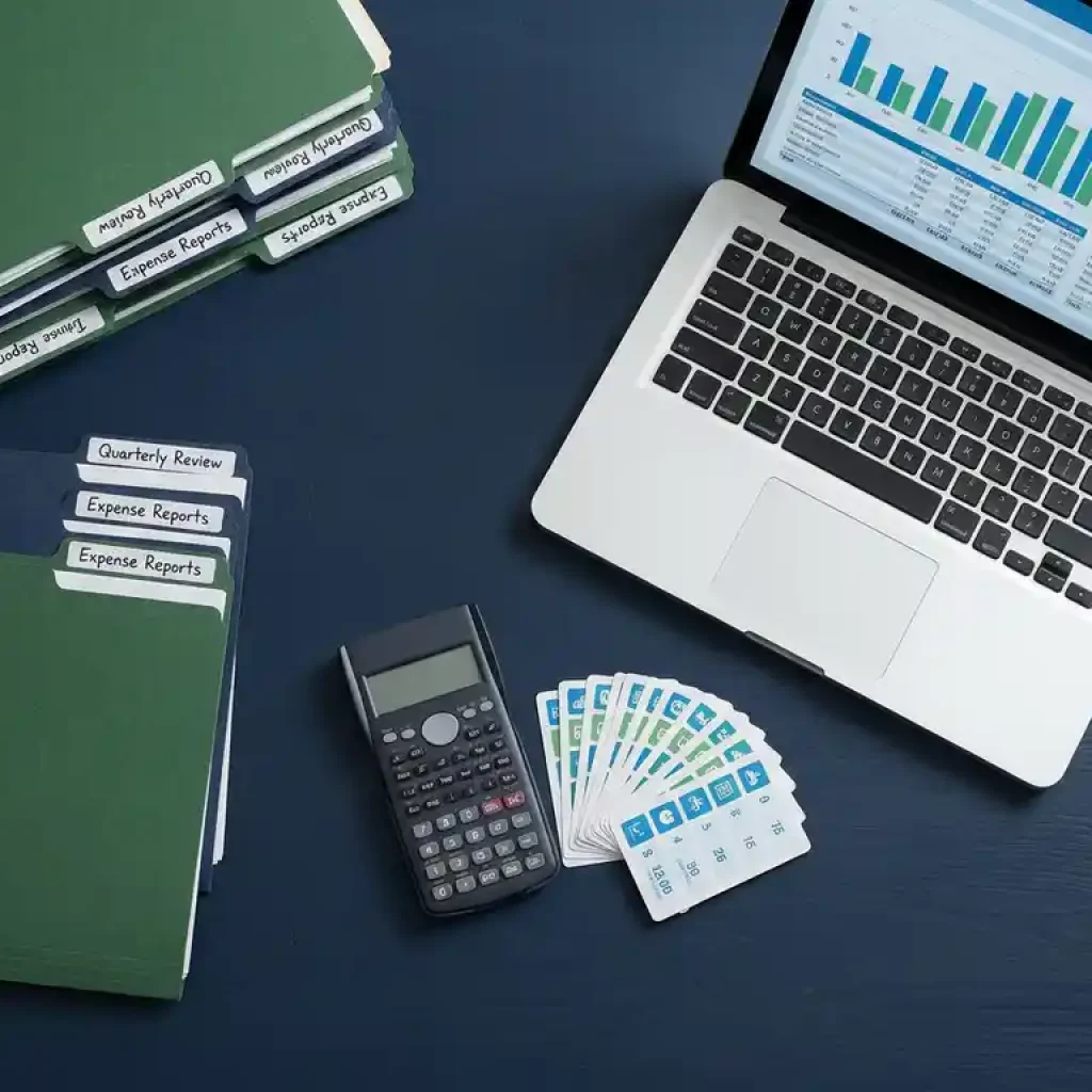 Vue aérienne à plat de documents financiers, de chemises et d'un ordinateur portable affichant des graphiques de données, posés sur un bureau bleu marine foncé où se trouvent également une calculatrice et des fiches de répartition des coûts.