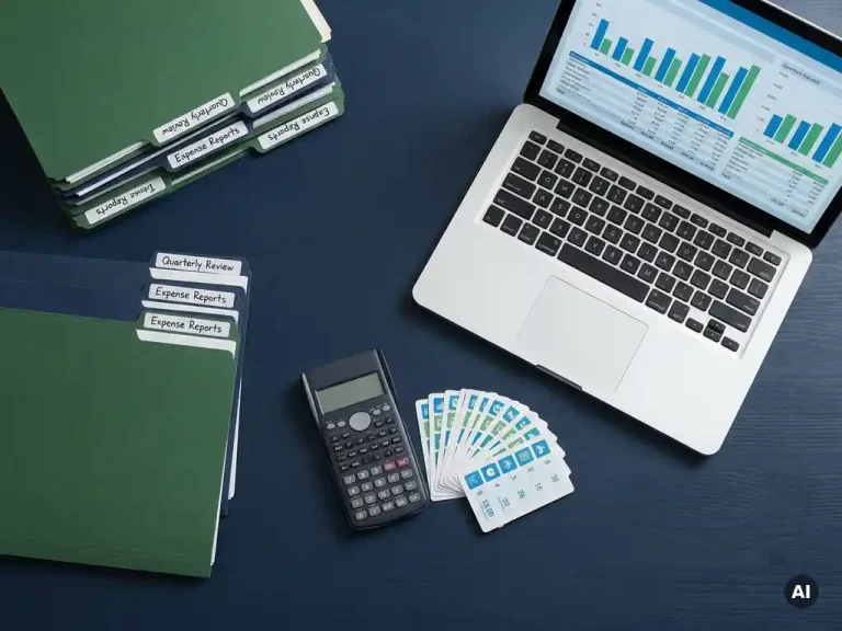 Vue aérienne à plat de documents financiers, de chemises et d'un ordinateur portable affichant des graphiques de données, posés sur un bureau bleu marine foncé où se trouvent également une calculatrice et des fiches de répartition des coûts.