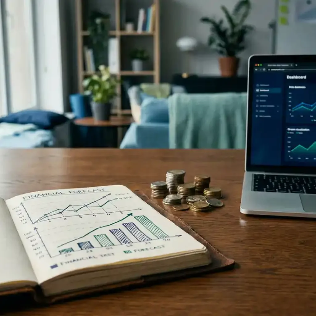 Ein handgezeichnetes Diagramm mit einer Finanzprognose in einem aufgeschlagenen Notizbuch neben einem Stapel Münzen und einem Laptop, auf dessen Bildschirm Daten-Dashboards zu sehen sind, auf einem Schreibtisch aus dunkler Eiche.