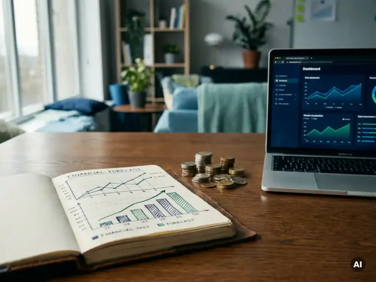 Ein handgezeichnetes Diagramm mit einer Finanzprognose in einem aufgeschlagenen Notizbuch neben einem Stapel Münzen und einem Laptop, auf dessen Bildschirm Daten-Dashboards zu sehen sind, auf einem Schreibtisch aus dunkler Eiche.