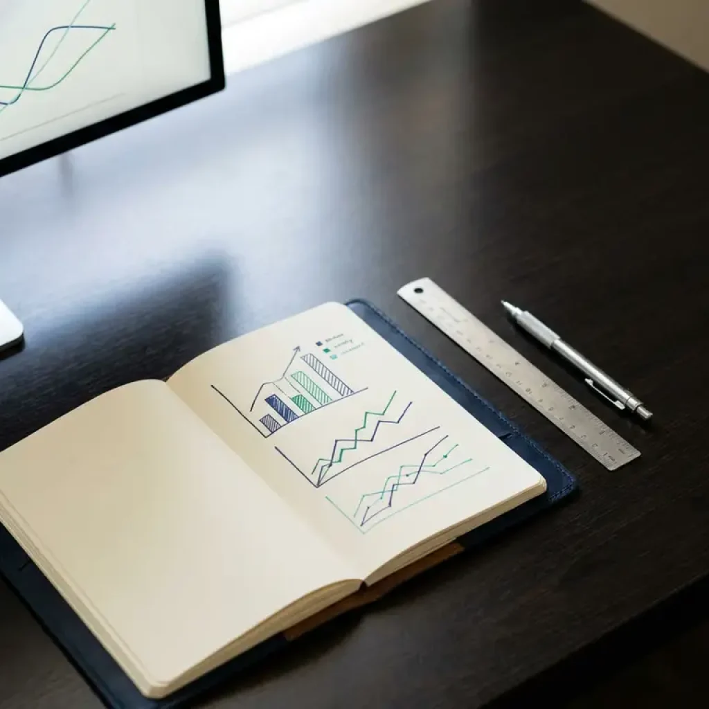 Des graphiques de performance et des prévisions financières dessinés à la main dans un cahier ouvert posé sur un bureau sombre, avec une règle, un stylo et le reflet lumineux de l'écran.