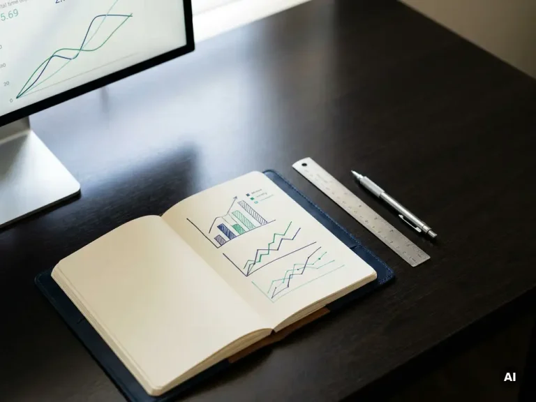Des graphiques de performance et des prévisions financières dessinés à la main dans un cahier ouvert posé sur un bureau sombre, avec une règle, un stylo et le reflet lumineux de l'écran.