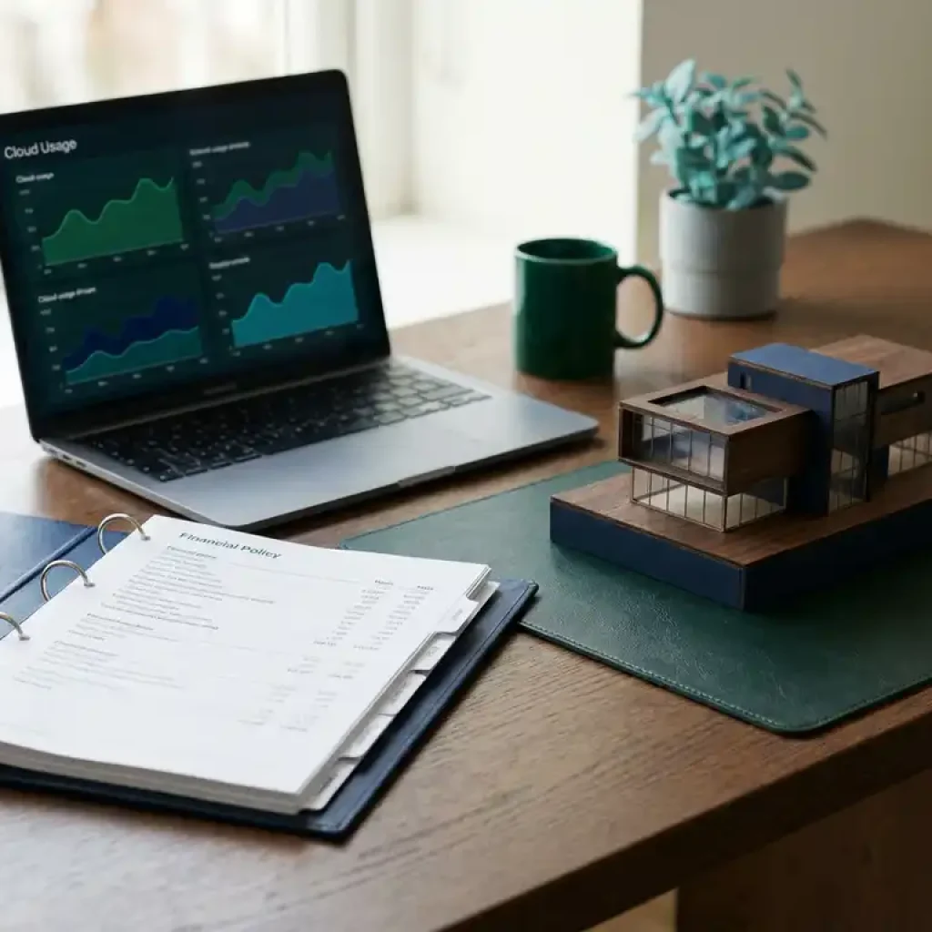Ein offener Ordner mit Dokumenten zur Finanzpolitik liegt auf einem Schreibtisch aus dunklem Eichenholz neben einem Laptop, auf dessen Bildschirm Dashboards zur Cloud-Infrastruktur zu sehen sind, sowie ein kleines Architekturmodell im Maßstab.