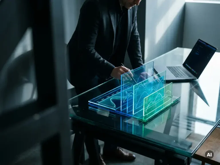 Business professional analyzing layered acrylic financial projection panels on a glass desk, laptop open nearby, dark blue and teal tones.