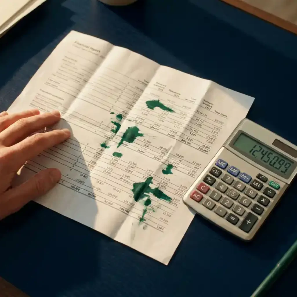 Ein zerknitterter Finanzbericht lag glatt ausgebreitet auf einem dunkelblauen Schreibtisch, mit Korrekturen in grüner Tinte in den Kostentabellen und einem Taschenrechner, der überhöhte Zahlen anzeigte.