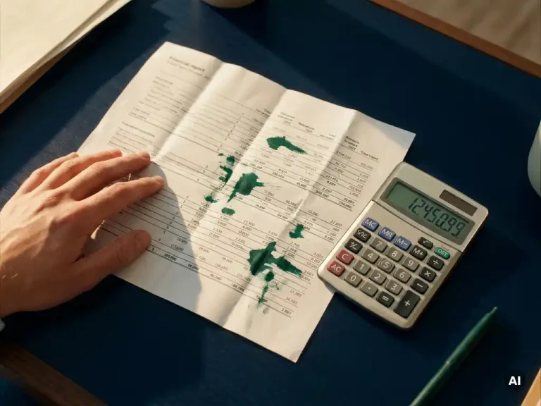 Ein zerknitterter Finanzbericht lag glatt ausgebreitet auf einem dunkelblauen Schreibtisch, mit Korrekturen in grüner Tinte in den Kostentabellen und einem Taschenrechner, der überhöhte Zahlen anzeigte.