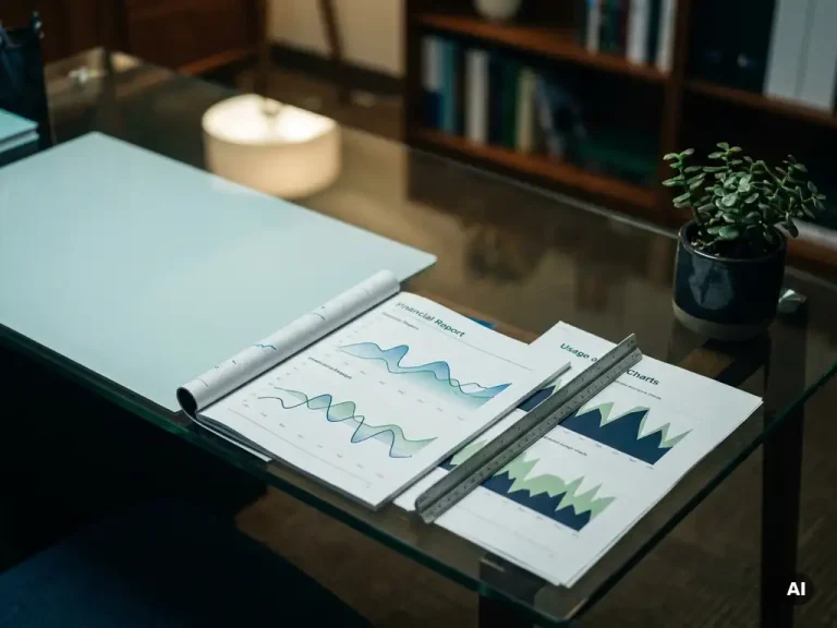 Glass desk with open financial report showing cost curves and usage graphs, architect's ruler, and small potted plant in a professional office setting.