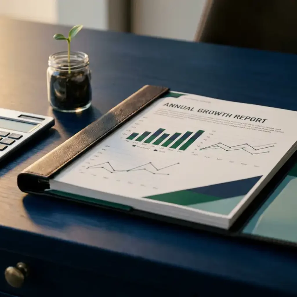 Financial report with data charts beside a calculator and green seedling in a glass jar on a navy desk, symbolizing ROI growth.