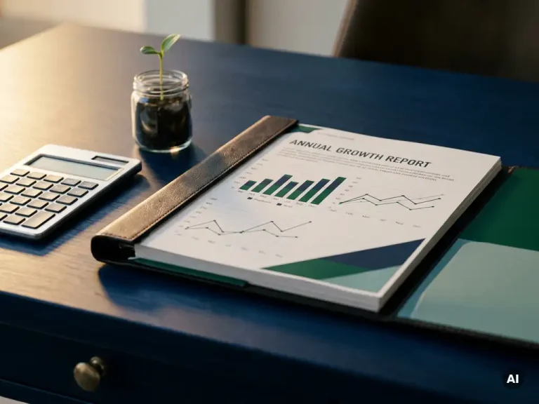 Financieel rapport met grafieken naast een rekenmachine en een groen zaadje in een glazen pot op een marineblauw bureau, als symbool voor de groei van het rendement op investering (ROI).