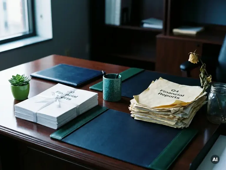 Organized financial reports beside a thriving green plant contrasted with a disheveled stack next to a withered stem on an executive desk.