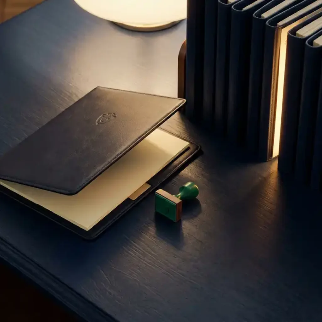 Formal document folder slightly open on a navy desk beside a green approval stamp, with one golden-lit gap in a row of closed folders.